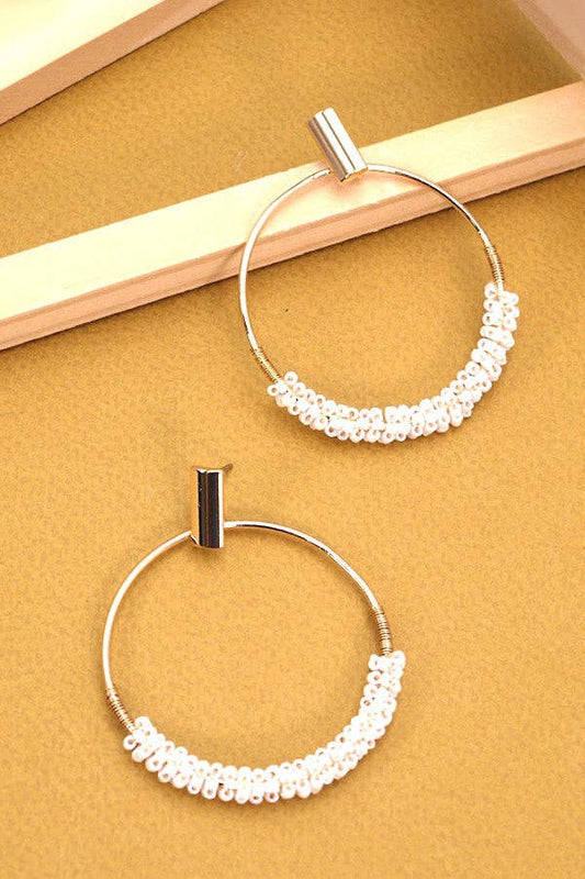 White Bead Circle Drop Earrings