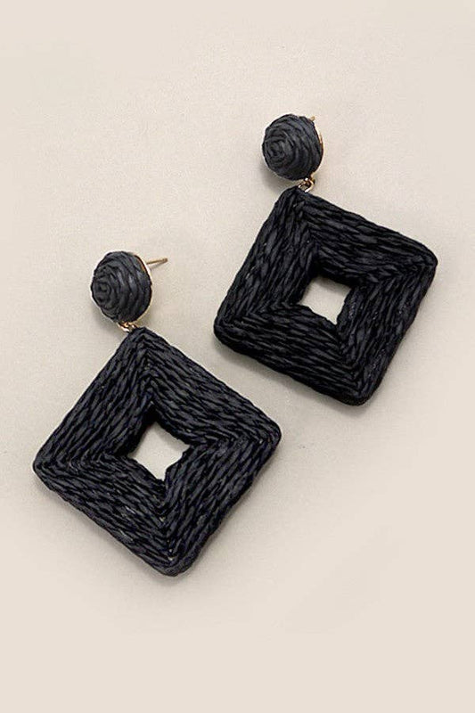 Black Raffia Square Drop Earrings