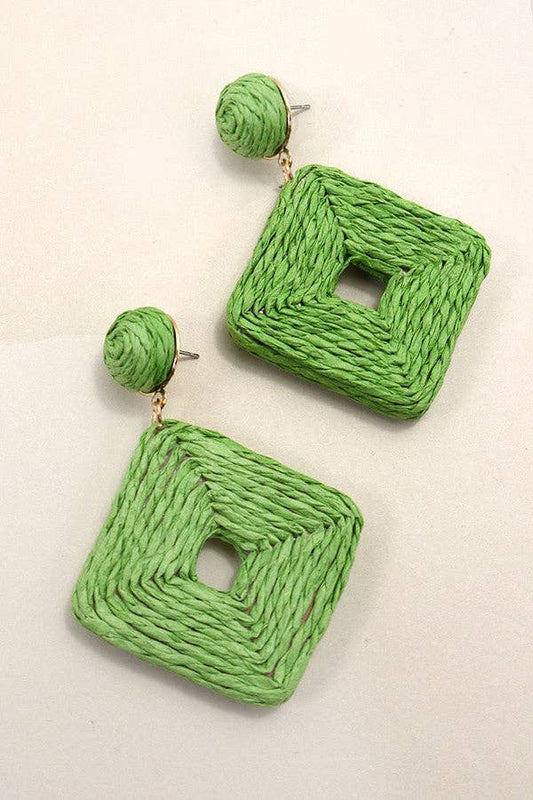 Lime Green Raffia Square Drop Earrings