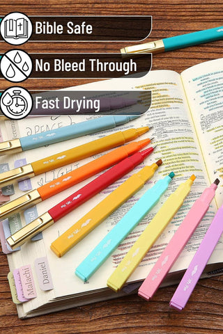 Colorful markers on an open book with 'Bible Safe', 'No Bleed Through', and 'Fast Drying' features highlighted.