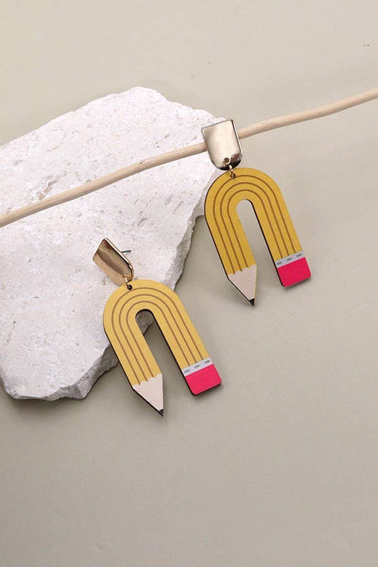 Wooden Yellow Pencil Earrings